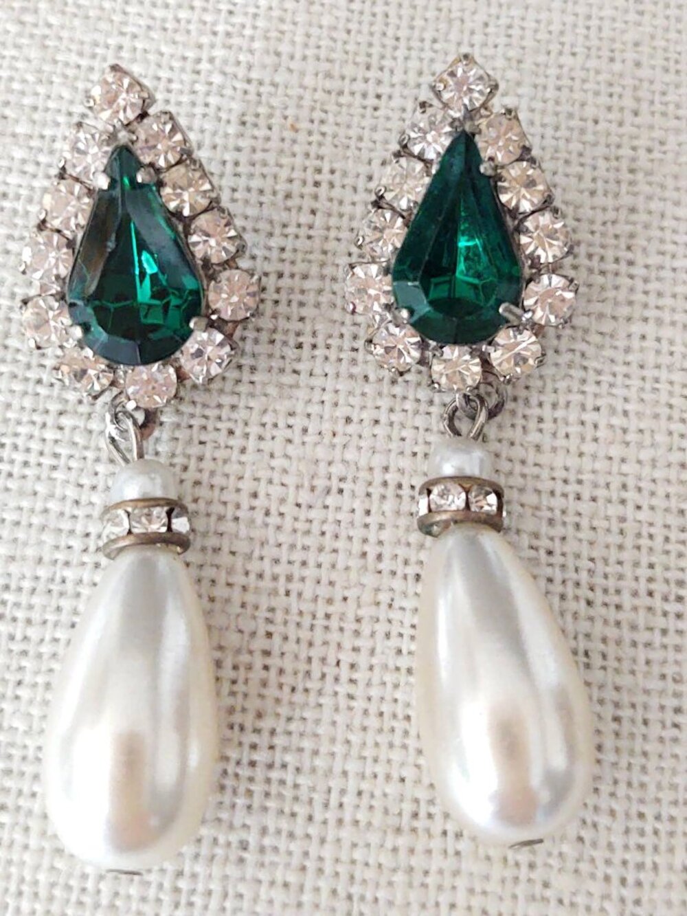 Faux emerald, cz and faux pearl drop earrings